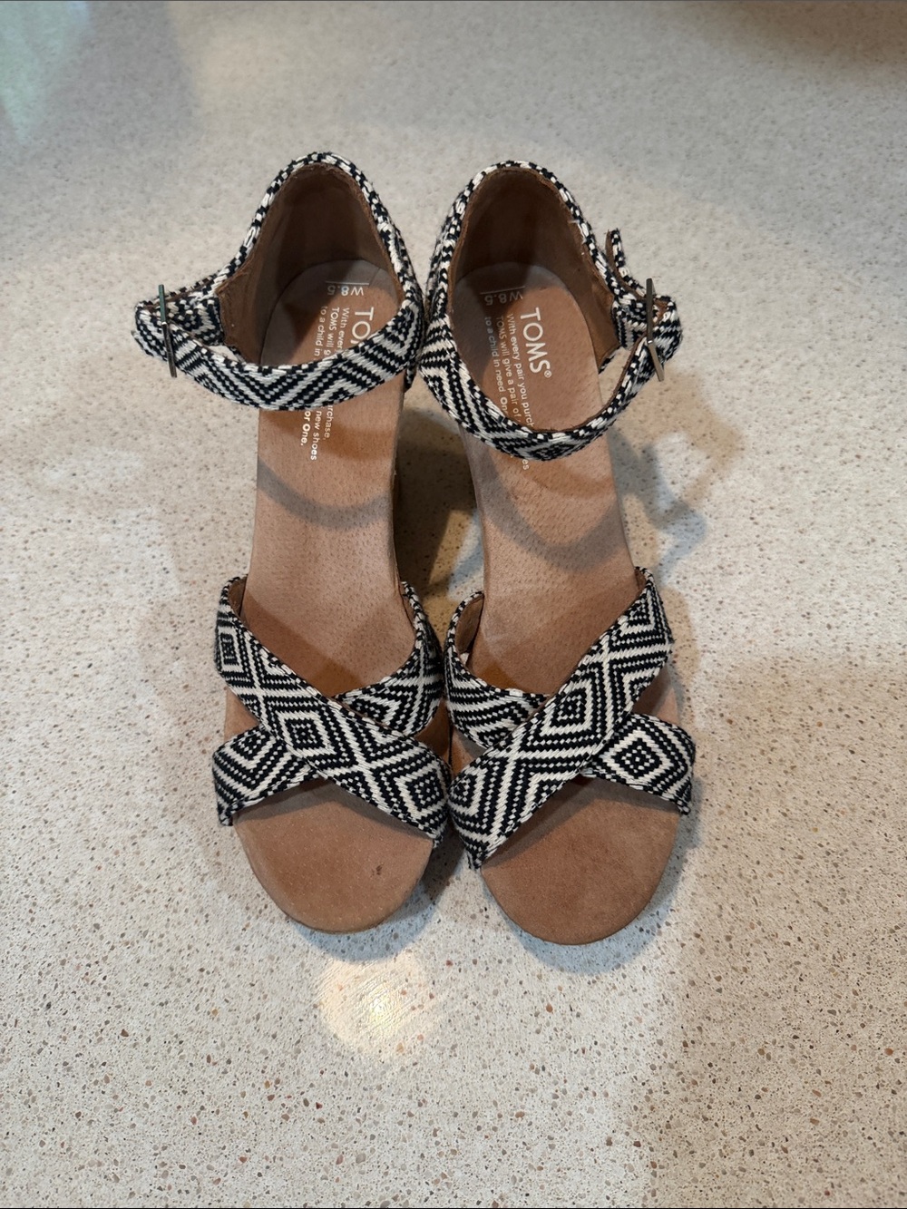 TOMS Black & White Geometric Ankle-Strap Wedge Sandals